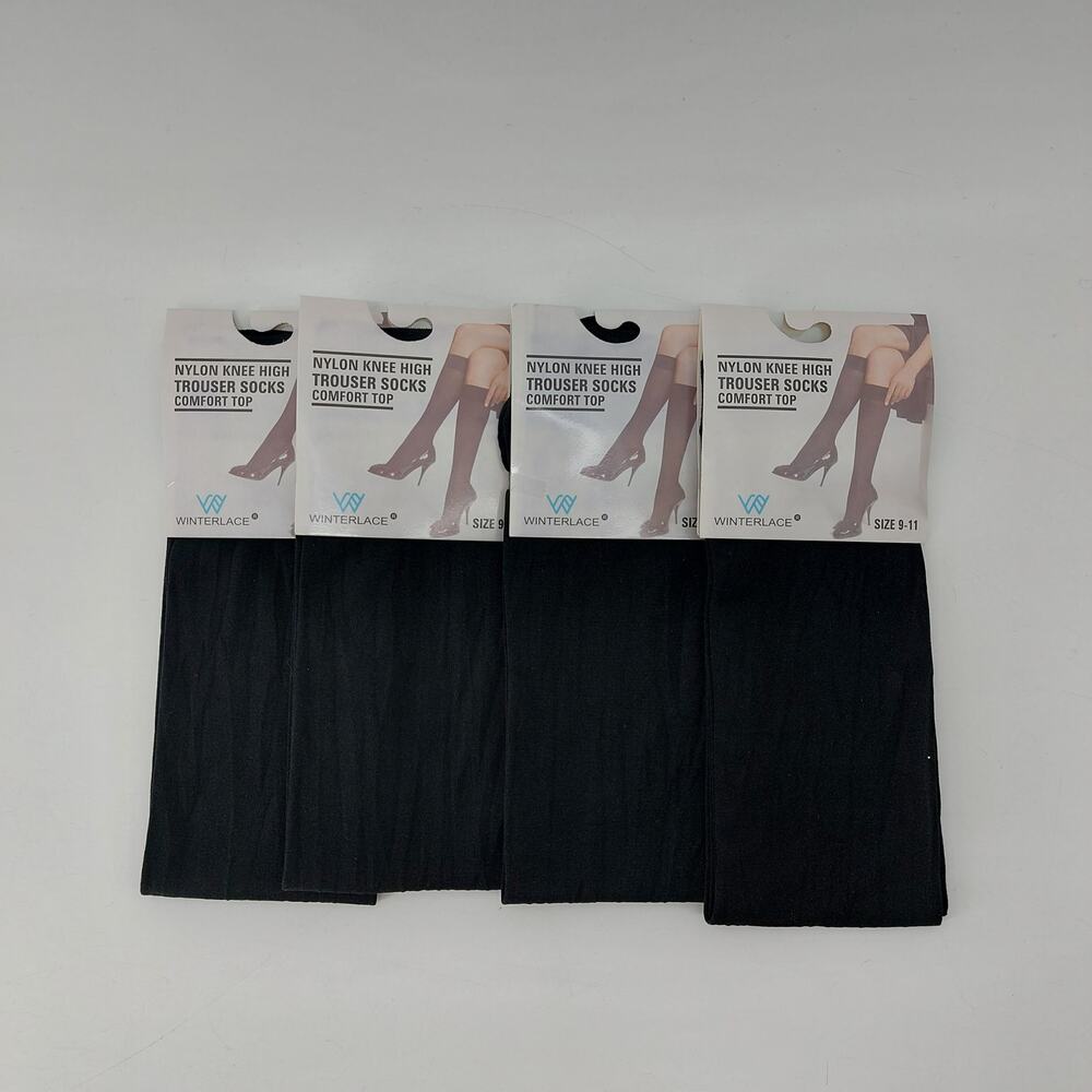 4 Winterlace Nylon Knee High Trouser Socks Black Comfort Top